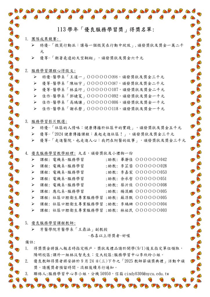 恭賀醫人實踐獲得多項113學年度優良服務學習獎獲獎名單